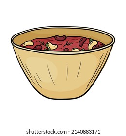 Dibujo vectorial de doodle de comida picante mexicana. Tazón de sopa de frijol aislado en blanco.