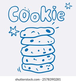 Vector doodle illustration of stack of cookies with blue line, lettering for coffee shop logo, pastry shop, bakery, branding, print