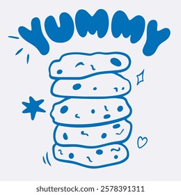 Vector doodle illustration of stack of cookies with blue line, lettering for coffee shop logo, pastry shop, bakery, branding, print, yammy