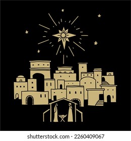 Vector doodle illustration. Star over Bethlehem. Mary, Joseph and baby Jesus in the stable.