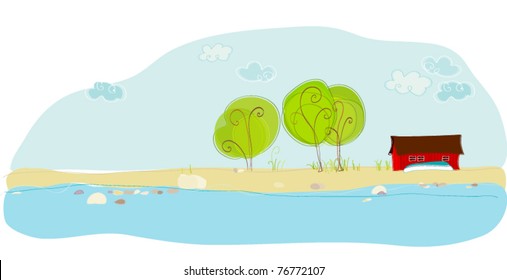 vector doodle illustration of summer cottage at the Swedish coast