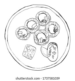 Vector doodle illustration of sushi rolls and slices of cucumbers isolated on a white background. Hand-drawn ink drawing.