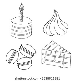 Vector doodle illustration of sweeties. Cake, macaroons, meringue