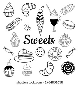 Vector doodle illustration of sweets. Sweet set. Card design.