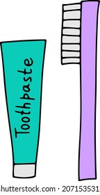 Vector doodle illustration with toothpaste and toothbrush. Dental health care elements. Morning routine