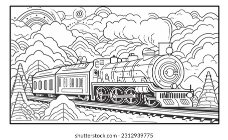 Vektordoodle-Illustration, Bahnlandschaft in Rahmen