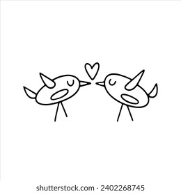 Ilustración del doodle vectorial. Dos pájaros con corazón para naipes. Dibujando para el Día de San Valentín