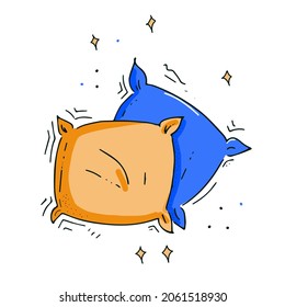 Vector doodle illustration of two multicolored pillows. Drawing on white background. Design for stickers, decorative element for diaries and diaries, cards, postcards, flyers, icon, bag print, badge.