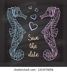 Vector doodle illustration with two sea horse on a chalkboard background