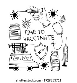 vacunación de ilustración de doodle vectorial. virus de dibujo manual, pandemia, medicina