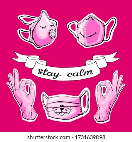 Vector doodle illustration virus privention stay calm pink