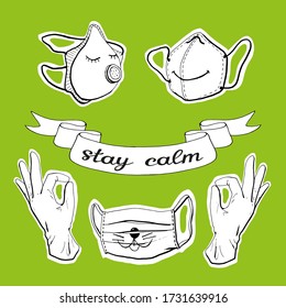 Vector doodle illustration virus privention stay calm green