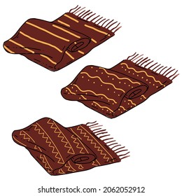 Vector doodle illustration of warm red plaid with yellow stripes in three variants on white background. Design for postcards, stickers, notebook and diary decorations, badges, icons, clothing prints