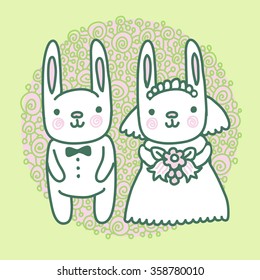 Vector doodle illustration of wedding couple of bunnies. Just married.