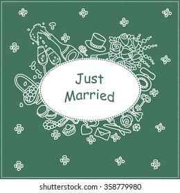 Vector doodle illustration of wedding label. Just married.