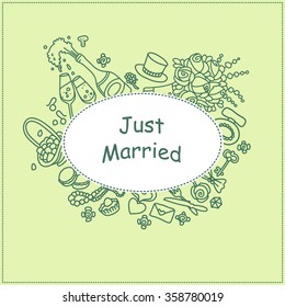 Vector doodle illustration of wedding label. Just married.