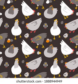 Vector doodle illustration with white and gray hens, chickens and chicken eggs on a dark background. Seamless pattern for wrapping paper, wallpaper, Easter, textile, fabric