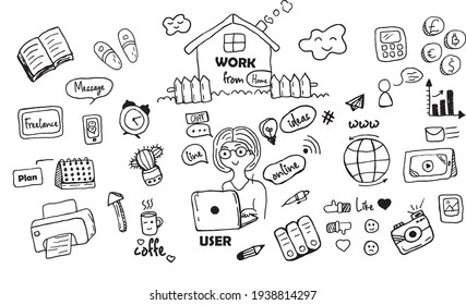 Vector doodle illustration work from home. The girl is at the computer, online, chatting, ideas appear, messages come to the phone. Slippers, book, desktop calendar, printer, coffee cup, internet icon