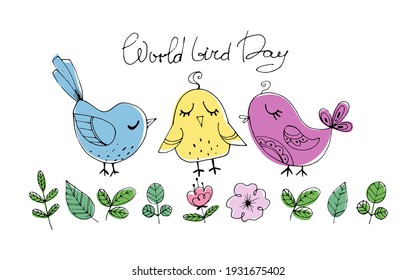ilustración del doodle vectorial Día mundial de las aves. mano de pájaros lindos