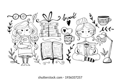 vector doodle illustration world book day. hand drawing book, girl reading book, cute character reading.