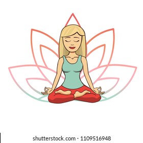 Vector doodle illustration of young cute blonde girl meditating in lotus pose with flower petals behind. Cartoon character for yoga and meditation practice isolated on white.