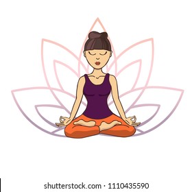 Vector doodle illustration of young cute asian girl meditating in lotus pose with flower petals behind. Cartoon character for yoga and meditation practice isolated on white.