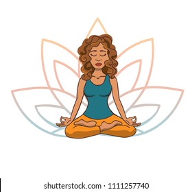 Vector doodle illustration of young cute latin american girl meditating in lotus pose with flower petals behind. Cartoon character for yoga and meditation practice isolated on white.