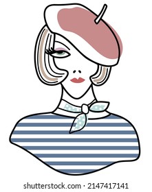Vector doodle illustration of young woman in beret and striped jacket and neckerchief with polka dots isolated on white background.