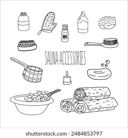Vector doodle ilustraciones, accesorios de sauna, toalla, frascos, jabón, champús, aceite esencial, cepillos, burbujas de jabón, vela, cucharón