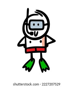 Vector doodle image of cartoon boy diver in swimming mask and flippers. Smiling man swimming in the sea under the water illustration.