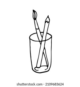 Vector Doodle image of a glass with brush and pencil. Hand-drawn image for various designs.