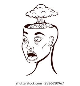 Vector doodle image with Humans head with open brain case with a cloud of a huge nuclear explosion. Mind Blowing concept. Vector illustration