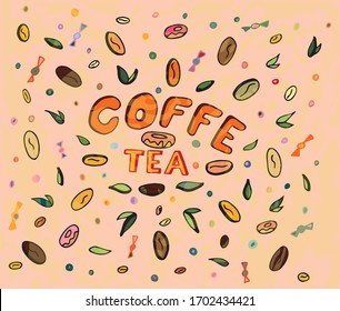 vector Doodle image of tea leaves and coffee bean and inscriptions
