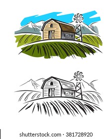 vector doodle image of village and landscape