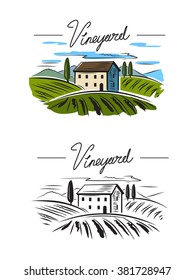 vector doodle image of village and landscape