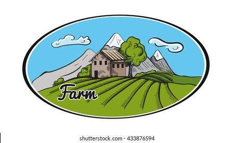 vector doodle image of village and landscape