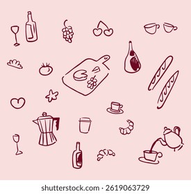 Vector doodle images of baguette, wine, coffee and cheese