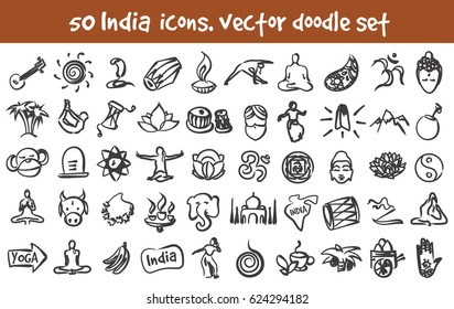 Vector doodle India icons set. Stock cartoon signs for design.