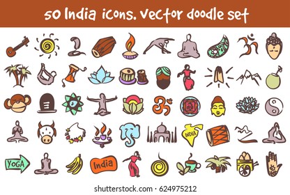 Vector doodle India icons set. Stock cartoon signs for design.