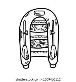 Vector Doodle Inflatable Boat with Paddles in Sketch Style. Hand Drawn River Transport for Fishing, Leisure.Vintage Line Rubber Marine Vehicle for Design,Web,Graphic.Isolated on White Background.