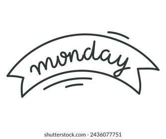 Vector doodle isolated line symbol with hand lettering, word Monday.