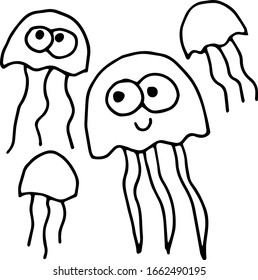 Vector doodle jellyfishes isolated on white background. Cartoon coloring page for kids.