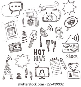 Vector doodle  journalism icons collection. Set of hand drawn symbols with tv,camera, speech bubble, telephone,dictaphone, radio