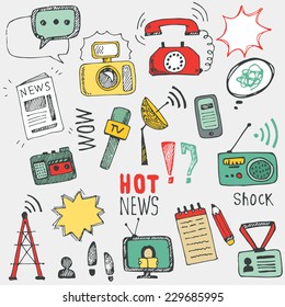 Vector doodle  journalism icons collection. Set of hand drawn symbols with tv,camera, speech bubble, telephone,dictaphone, radio