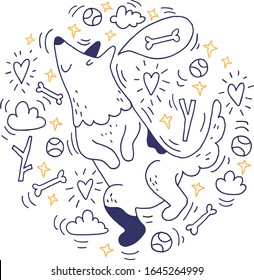 Vector doodle of a joyful dog. Illustration of a smiling and dreaming puppy. A dog which is happy to be outside.  