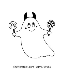 Vector doodle kind cute ghost with devil's horns and candies in hands.Kid cartoon halloween design element.Outline.Isolated on white background.
