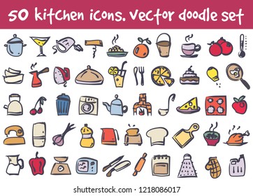 Vector doodle kitchen icons set. Stock cartoon signs for design.