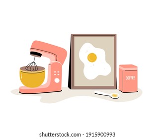 Vector doodle Kitchen tools. Kitchenware, cooking baking utensils.  A stylish composition with a planetary mixer, a can of coffee, a spoon and a picture with scrambled eggs. Kitchen poster