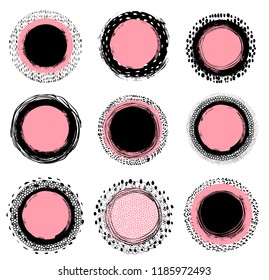 Vector doodle labels in modern grunge style for food and cosmetics packaging design in pink and black colors