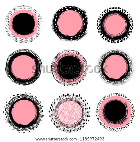 Vector doodle labels in modern grunge style for food and cosmetics packaging design in pink and black colors
